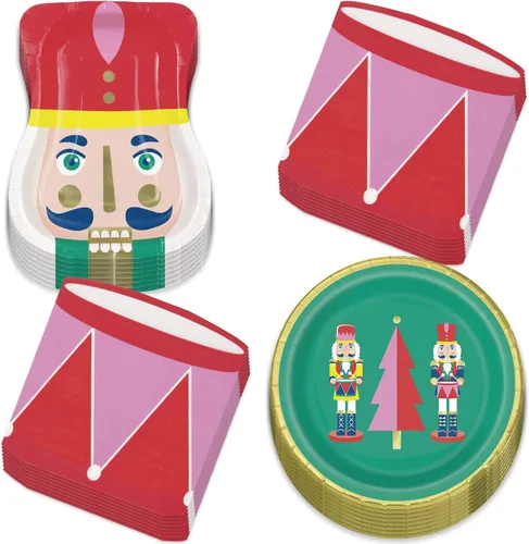 Vista 9 de HOME & HOOPLA Platos y servilletas de papel grandes para fiesta de Navidad, diseño calmado y brillante en verde y dorado moderno (para 16 personas)