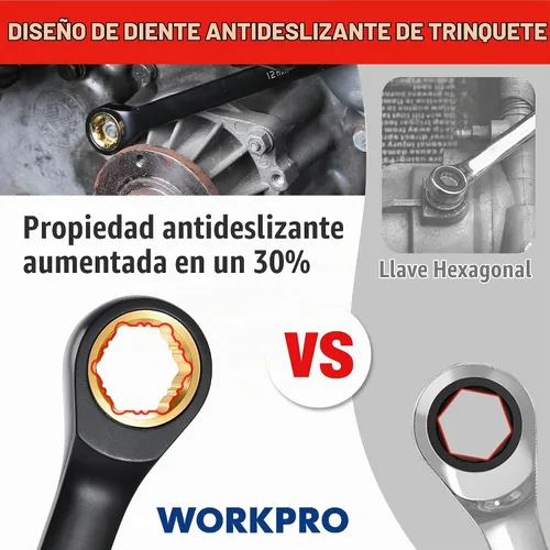 Vista 3 de WORKPRO - Juego de llaves de trinquete extralargas, 9 piezas, antideslizantes, doble extremo de caja, SAE 5/16-3/4 pulgadas, 72 dientes, llaves