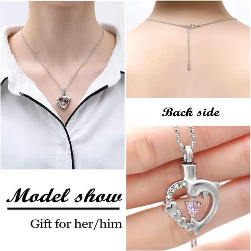 Vista 20 de Yinplsmemory Collar de urna de corazón de delfín para cenizas para mujer, colgante de urna de corazón de cristal, collar de recuerdo de cenizas