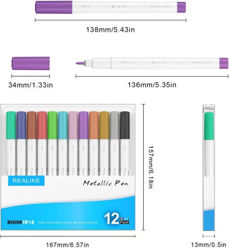 Vista 4 de REALIKE Bolígrafos metálicos compatibles con Cricut Joy/Xtra, juego de 12 rotuladores multicolor (punta de 1.0)