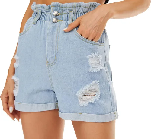 Vista 3 de Pantalón corto Plaid&Plain de jeans, color azul, cintura alta, enrollados, para mujer Azul Claro Rasgado-1