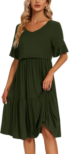 Vista 2 de Smallshow Vestido para maternidad y lactancia con volantes, manga corta, para mujer Verde militar