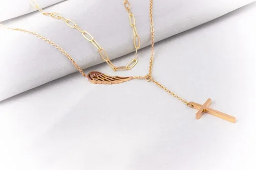 Vista 3 de WDSHOW Gargantilla de clip en capas, con colgante de cruz de ángel y de alas de ángel, regalos para mujeres y niñas, Chapado en oro, No es una
