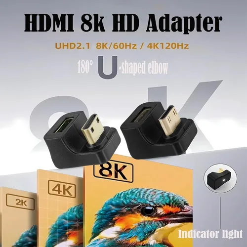 Vista 4 de Extensor de extensión Mini HDMI en ángulo hacia arriba, adaptador mini HDMI en forma de U de 180 grados 8K, conector de acoplador convertidor