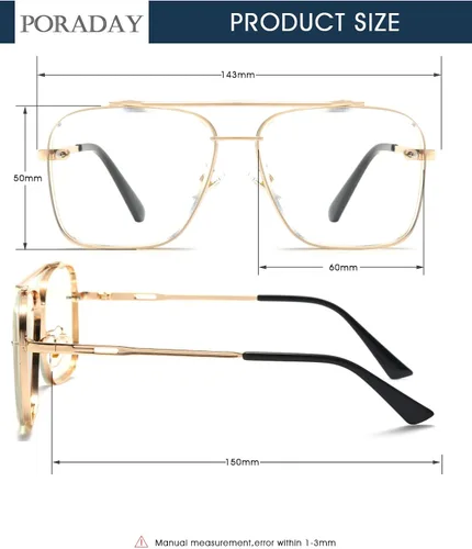 Vista 7 de PORADAY Gafas de sol cuadradas de aviador para hombres y mujeres, gafas de sol de gran tamaño, marco de metal vintage, persianas degradadas