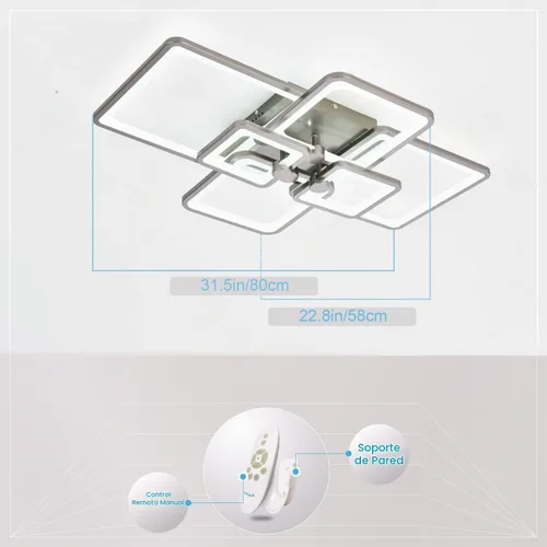 Vista 5 de Lámpara de techo regulable, moderna lámpara de techo LED negra, lámpara de sala de estar de 78 W con 6 diseños geométricos rectangulares Gris