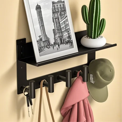 Vista 4 de VAEHOLD Perchero de pared con ganchos de pared con ganchos de pared superior e inferior doble estante de entrada con 5 ganchos de acero inoxidable