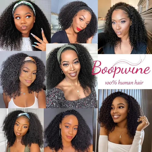 Vista 7 de Boopwine Peluca de cabello humano rizado con diadema para mujeres negras, 28 pulgadas, sin pegamento, sin encaje frontal, peluca de cabello virgen