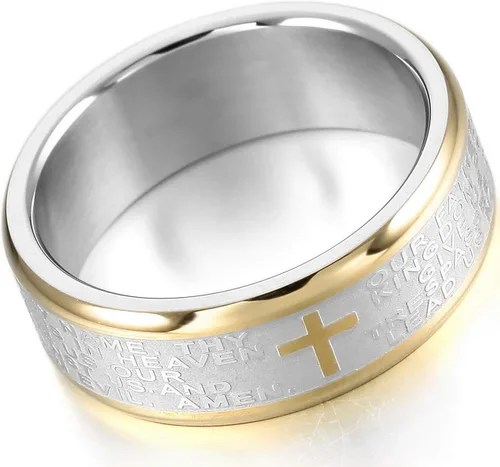 Vista 3 de MOWOM - Anillo de acero inoxidable de dos tonos de plata y oro con cruz de la Biblia Lords