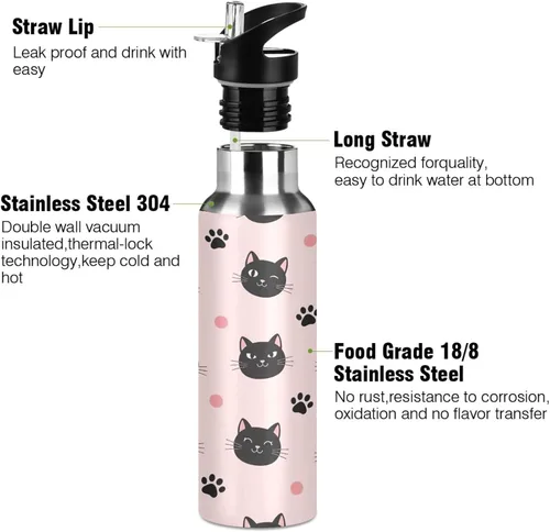 Vista 3 de Cute Black Cat Pink Insulated Water Bottle 32 Oz Leakproof Water Bottles, BPA-Free Sport Water Bottle Insulated