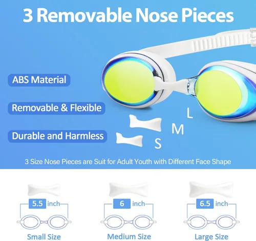 Vista 3 de Water Space Paquete de 2 gafas de natación con 3 piezas de nariz para niños jóvenes de 6 a 16 años, lentes espejadas, protección UV, antivaho y sin