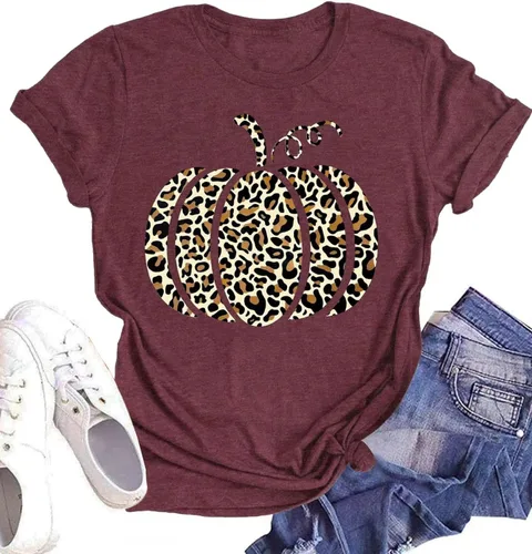 Vista 31 de Woffccrd - Camisetas divertidas con estampado de calabaza y leopardo para mujer, camisetas gráficas de manga corta de Halloween para mujer