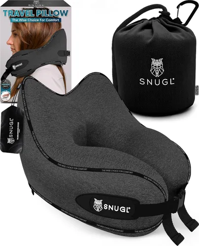 Vista 13 de SNUGL Almohada de viaje – Almohadas de espuma viscoelástica – Almohada para el cuello para avión con bolsa de transporte y clip – Almohadas de apoyo