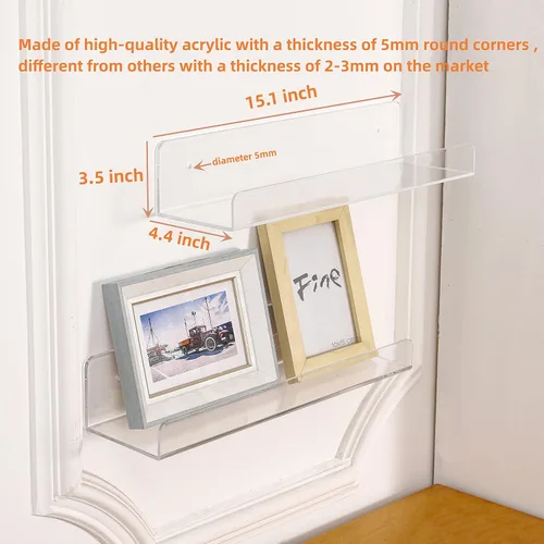 Vista 3 de CY craft 4 estantes flotantes de acrílico transparente de 15 pulgadas para montar en la pared del cuarto del bebé, estantes colgantes invisibles