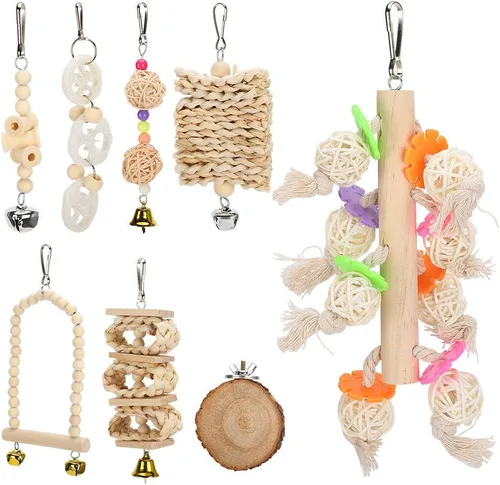 Vista 4 de Juego de juguetes de loros de pájaros, madera natural, escalada de pájaros, masticar, colgante, jaula, juguetes para mascotas, pájaros, ejercicio