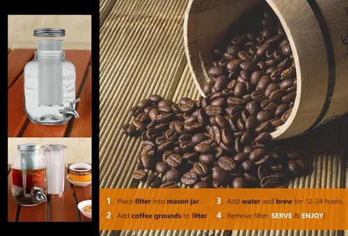 Vista 5 de Filtro de café frío para frascos Mason de 1 galón, fabricado con acero inoxidable, filtro de malla fina para café helado y té y sol en lotes