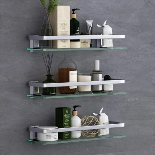Vista 9 de VOLPONE Estante de pared de baño de 15.7 pulgadas, estantes de vidrio para baño montaje en pared, estante de vidrio a prueba de óxido, organizador