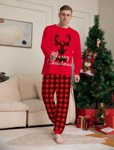 Vista 3 de Azuki Conjunto de pijama de Navidad a juego de 2 piezas de manga larga para parejas