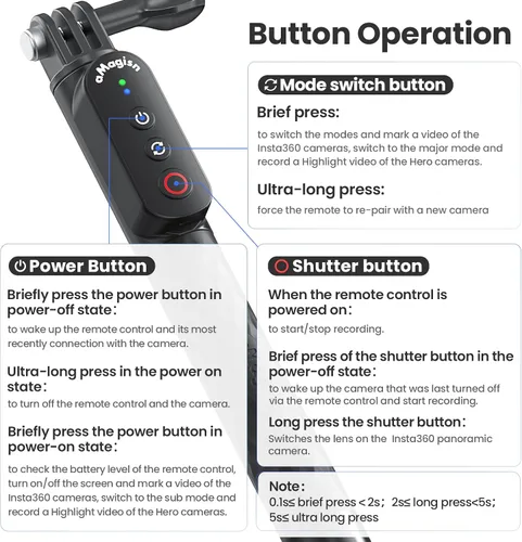 Vista 8 de Control remoto Selfie Stick recargable impermeable 39.4 in estirable compatible con cámara de acción Insta360/Gopro y iOS Android Smartphone