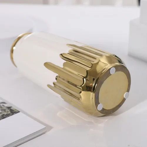Vista 9 de Jarrón grande de cerámica blanca con detalles chapados en oro de 11 pulgadas de alto, florero decorativo para sala de estar, decoración moderna