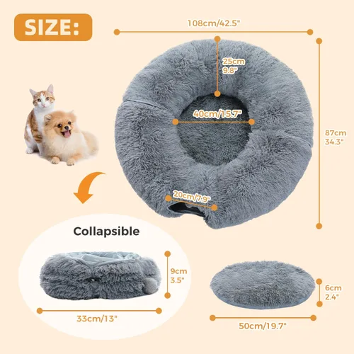 Vista 2 de PAWZ Road Túnel grande para gatos, cama túnel para gatos con alfombrilla central suave y bolas colgantes, tubo plegable de felpa esponjosa