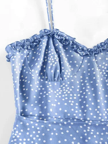 Vista 4 de ZAFUL Vestidos sin mangas con lazo en el hombro para mujer, con volantes, floral, tirantes delgados, vestido corto casual