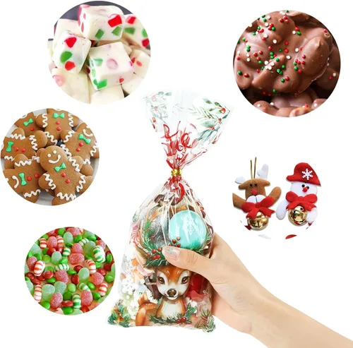 Vista 4 de DIYASY Bolsas de celofán de Navidad, 180 bolsas de regalo de Navidad, bolsa de plástico para dulces, bolsa transparente para bocadillos con lazos