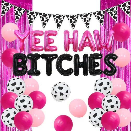 Vista 4 de Decoraciones de despedida de soltera occidental, pancarta plateada con estampado de vaca Yeehaw Bitches globo, banderín con estampado de vaca