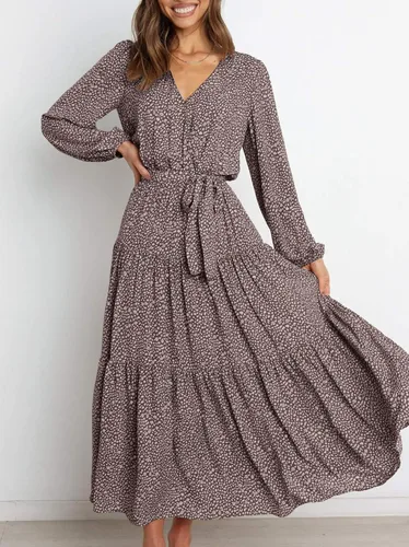 Vista 3 de PRETTYGARDEN - Vestido largo de manga larga con cuello en V y volantes florales para primavera, para mujer, casual, con lazo en la cintura, bohemio
