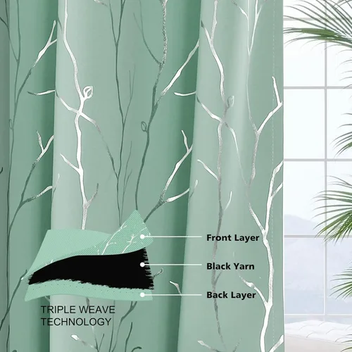 Vista 6 de BUHUA Cortinas pequeñas para ventana de 36 pulgadas de largo, 2 paneles, cortinas opacas con elegantes ramas de árbol plateadas, cortinas de bloqueo