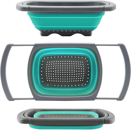 Vista 10 de Qimh Colador plegable, colador sobre el fregadero, coladores de alimentos con asas extensibles, 6 cuartos de galón, colador plegable de cocina apto