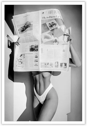 Vista 10 de Lienzo vintage con chica leyendo periódico, vista de la Torre Eiffel, arte de pared retro en blanco y negro, feminista, estética de habitación