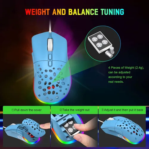 Vista 3 de ZIYOU LANG Modelo D19 RGB Gaming Mouse USB con cable con retroiluminación multi Chroma ajustable 12000Dpi cubierta trasera desmontable ajuste
