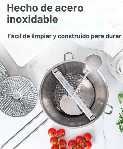 Vista 4 de Molinillo de alimentos de acero inoxidable con 3 discos, manivela giratoria ergonómica para salsa de tomate, puré de manzana, comida para bebés
