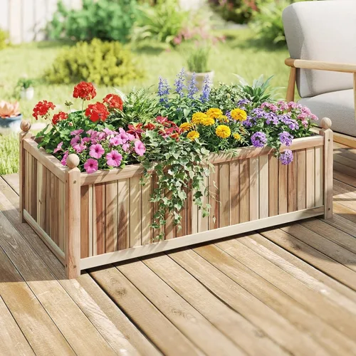 Vista 2 de HAPPYGRILL Cama de jardín elevada de madera, maceta rectangular de madera de acacia natural con forro y drenaje para hierbas de flores vegetales