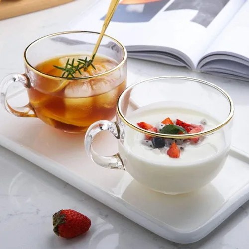 Vista 2 de Tazas de té de vidrio con borde dorado, tazas de café de 16 onzas, cuencos de yogur con cucharas, juego de 2