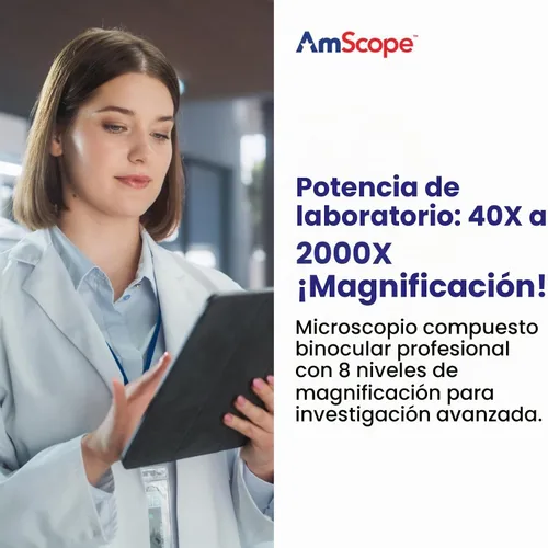 Vista 2 de OMAX Microscopio de laboratorio compuesto binocular LED 40X-2000X con platina mecánica de doble capa + portaobjetos en blanco, cubreobjetos y papel