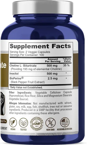 Vista 3 de Colina, L bitartrato e inositol, 1000 mg, 200 cápsulas vegetales - 100