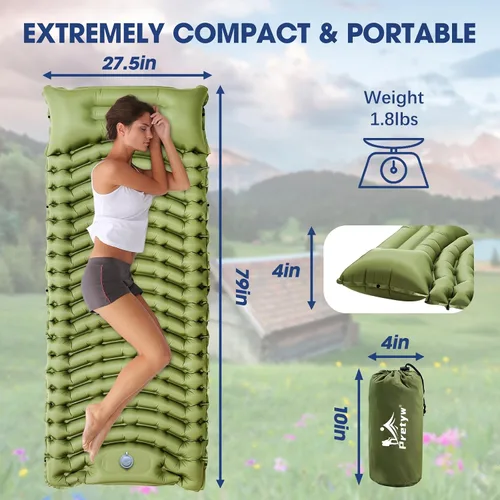 Vista 2 de Colchoneta de dormir para camping, colchón ultraligero con almohada, bomba de pie integrada, alfombrilla portátil inflable compacta para mochileros