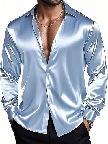 Vista 20 de Barry.Wang Camisas de discoteca de los años 70 para hombre, camisas beige B