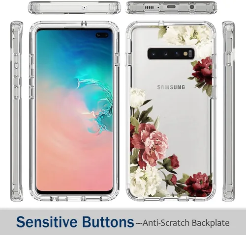 Vista 5 de Funda para Galaxy S10+ Plus, SM-G975U con protector de pantalla de vidrio templado, carcasa rígida de protección de diseño floral de cuerpo completo