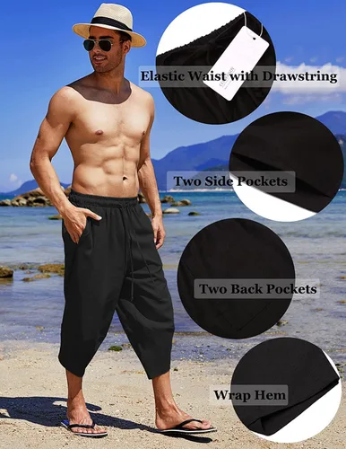 Vista 5 de COOFANDY Pantalones capri harén de lino para hombre, ligeros, sueltos, 34, con cordón elástico, cintura elástica, pantalones casuales para yoga