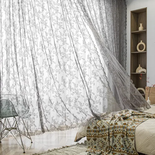 Vista 11 de Sutuo Home Juego de 2 cortinas de encaje beige, paneles transparentes de 63 pulgadas de largo, bordado floral de rosas, tratamiento de ventana