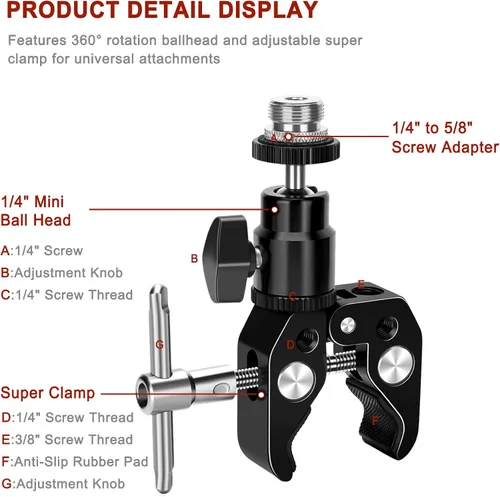 Vista 2 de Pinza de micrófono con cabeza de bola ajustable y tornillo de micrófono, compatible con micrófonos y accesorios de fotografía