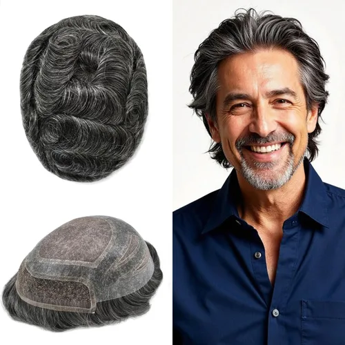 Vista 24 de Toupee - Piezas de pelo para hombres, cabello humano real, sistema de reemplazo de cabello francés, encaje francés, extensiones de cabello