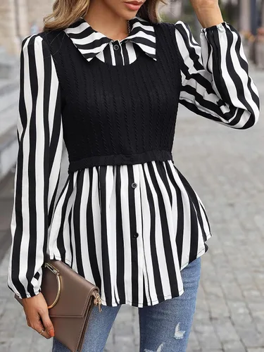 Vista 5 de WDIRARA Blusa de manga larga con botones y estampado a rayas para mujer 2 en 1