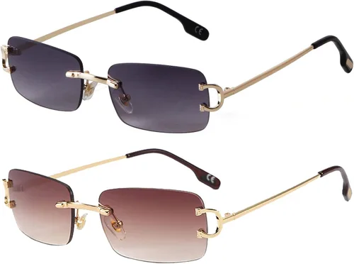 Vista 27 de Rimless Sunglasses for Men Women Small Narrow Rectangle Sunglasses 2 piezas: azul degradado+marrón degradado