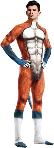 Vista 111 de Disfraz de animal para hombre con estampado de cola grande, overol peludo de elastano para cosplay, fiesta de Halloween