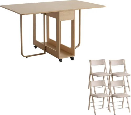 Vista 10 de Mesa de Comedor Plegable con Dos Cajones para 4/6 con Mesa de Hoja Abatible que Ahorra Espacio, Ruedas Bloqueables y Almacenamiento, Superficie