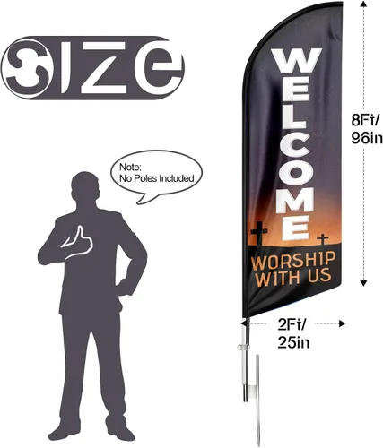 Vista 2 de Bandera de bienvenida adoración con nosotros Publicidad Swooper, bandera de 8 pies de bienvenida, adoración con nosotros, bandera de plumas